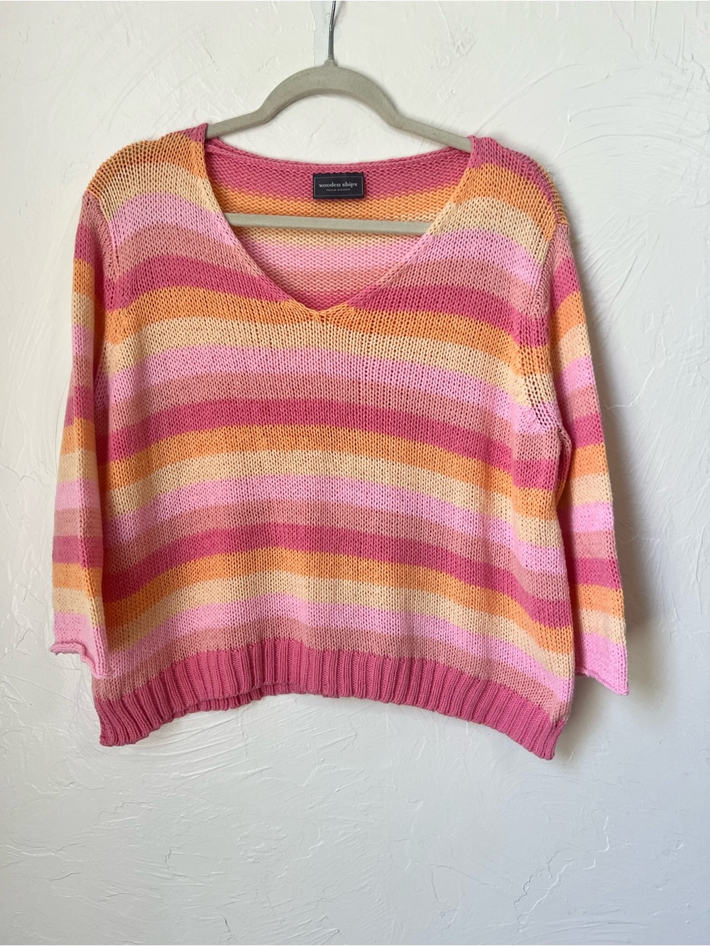 Wooden Ships Pink Orange Cream Striped V-Neck Sweater 2/3 sleeves size S/M
